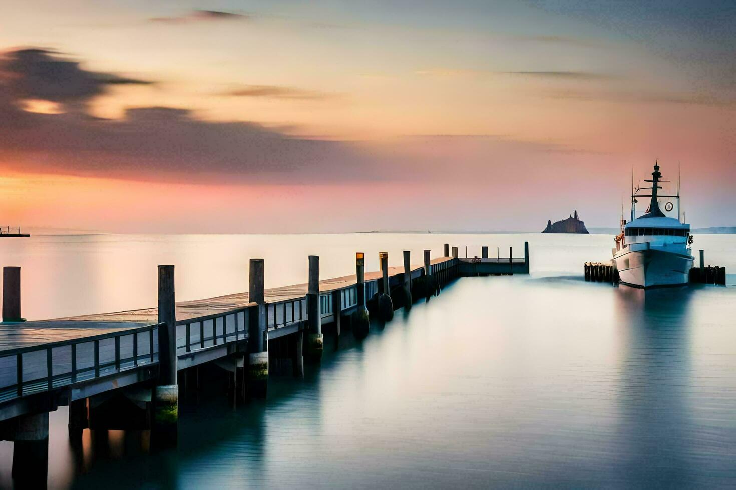 a boat docked at the end of a pier at sunset. AI-Generated photo