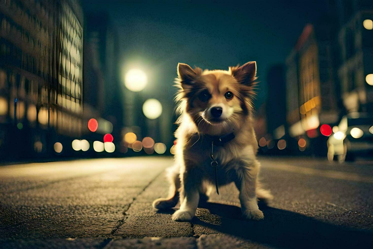 a dog sitting on the street at night. AI-Generated photo