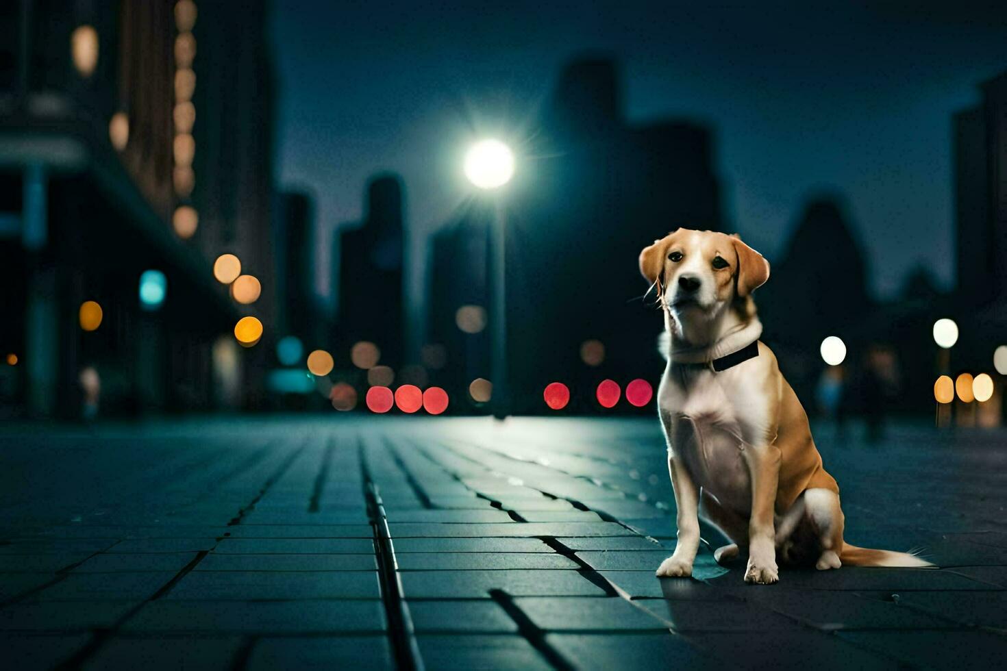 a dog sitting on the street at night. AI-Generated photo