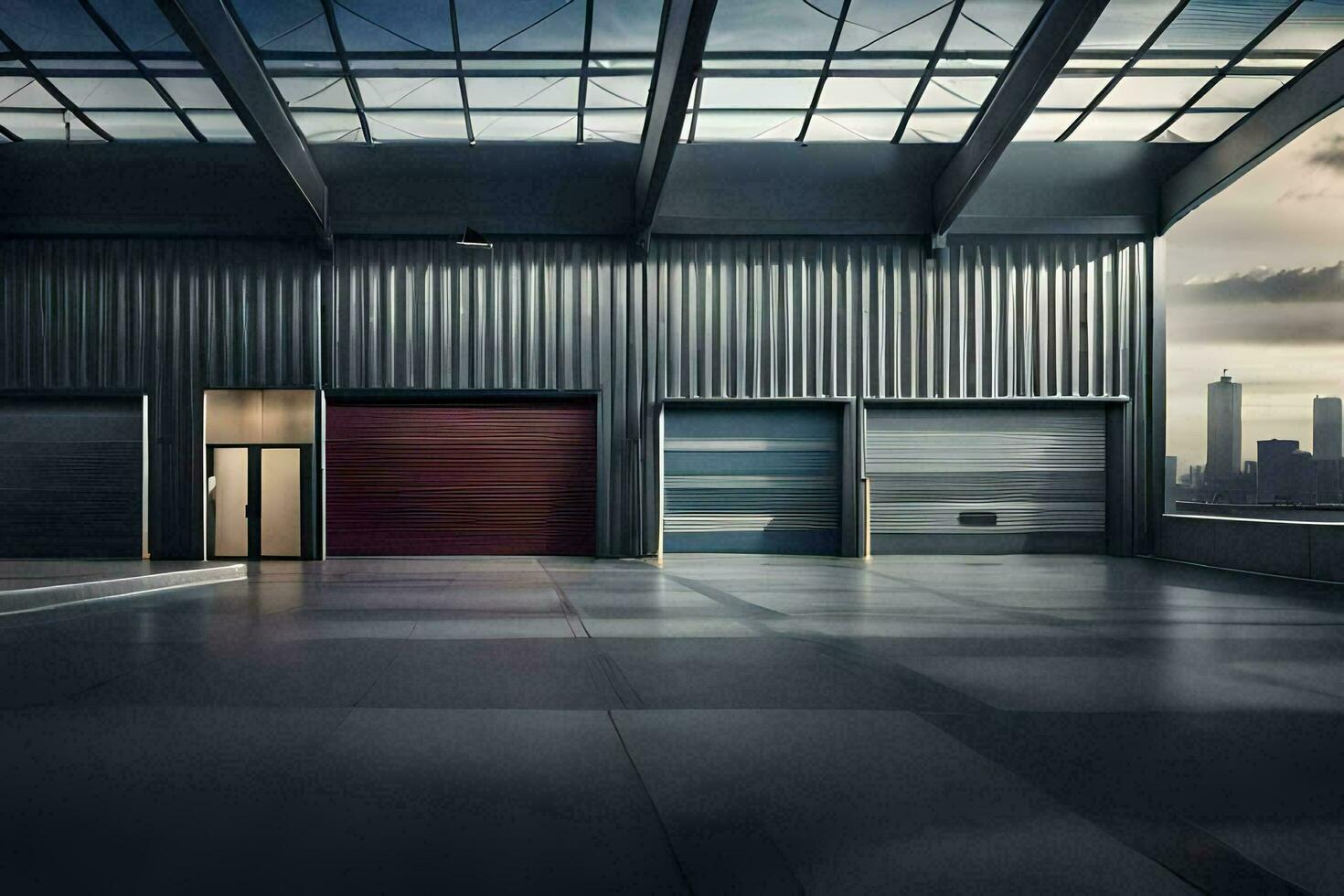 a large warehouse with two doors and a large window. AI-Generated photo