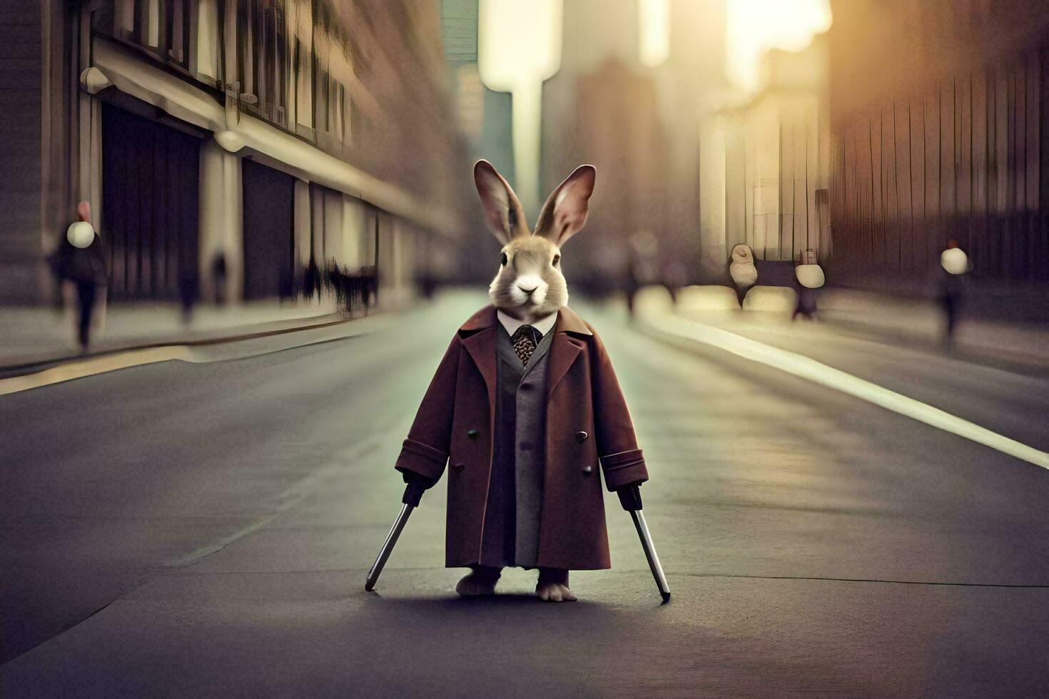 a rabbit dressed in a suit and tie standing on a street. AI-Generated photo