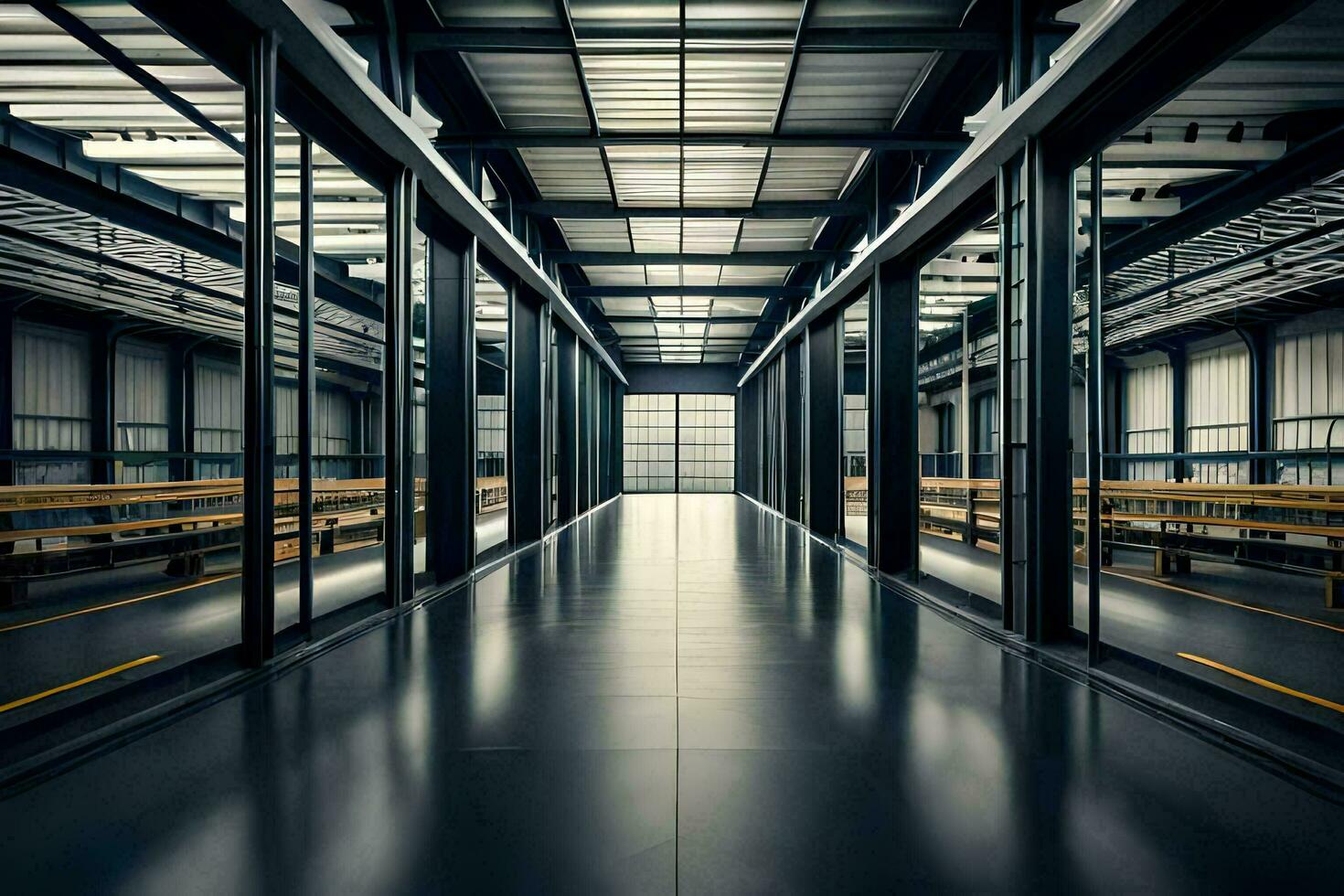 an empty warehouse with a long hallway. AI-Generated photo