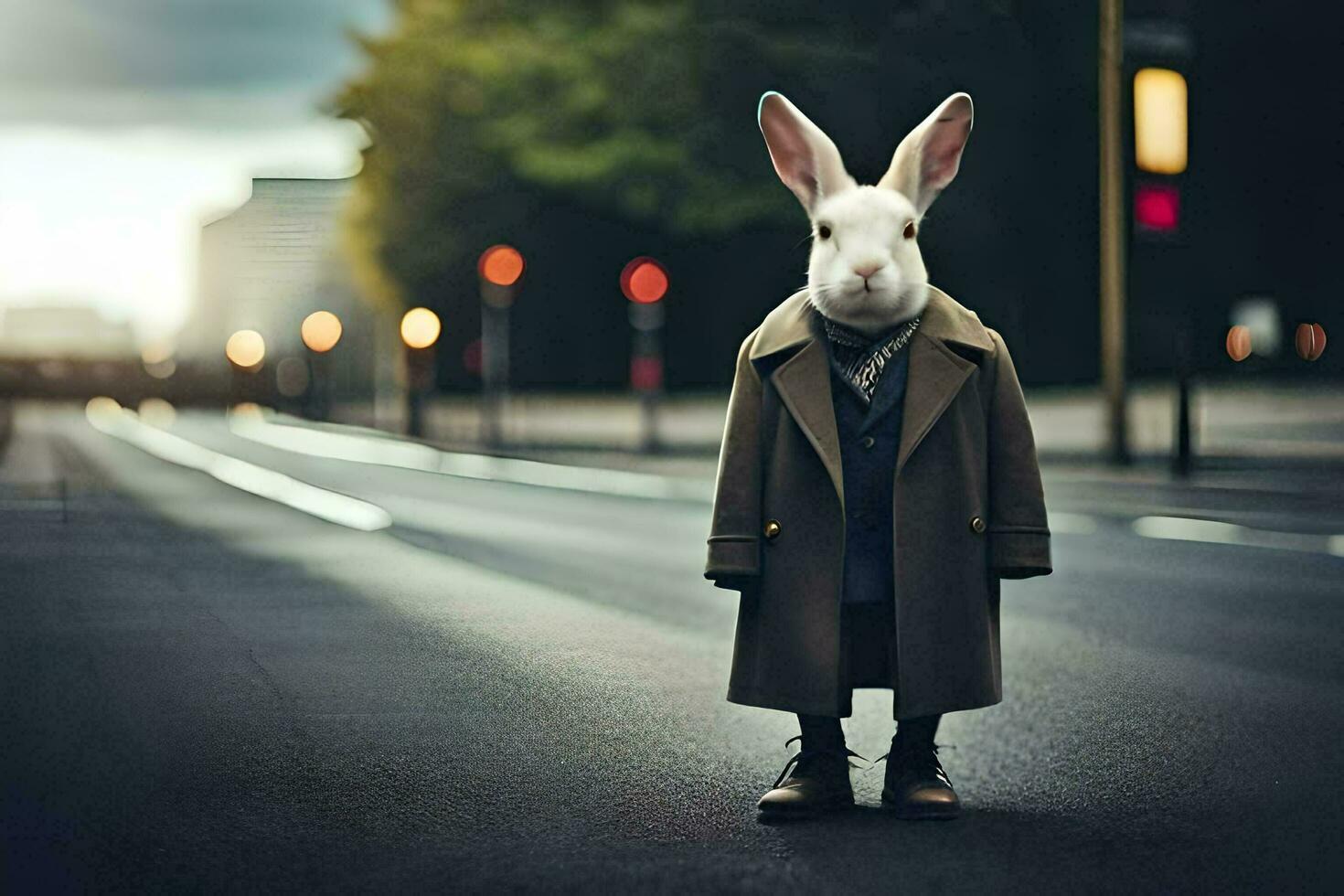 a rabbit wearing a coat and tie standing on the street. AI-Generated photo