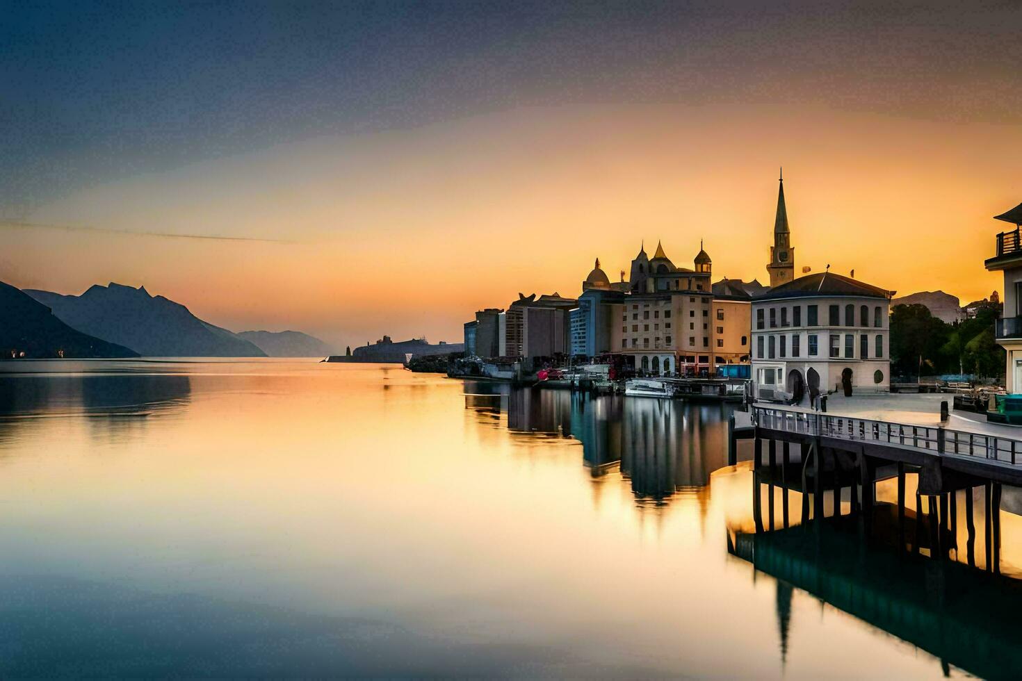 the sun is setting over the city of lucerne. AI-Generated photo