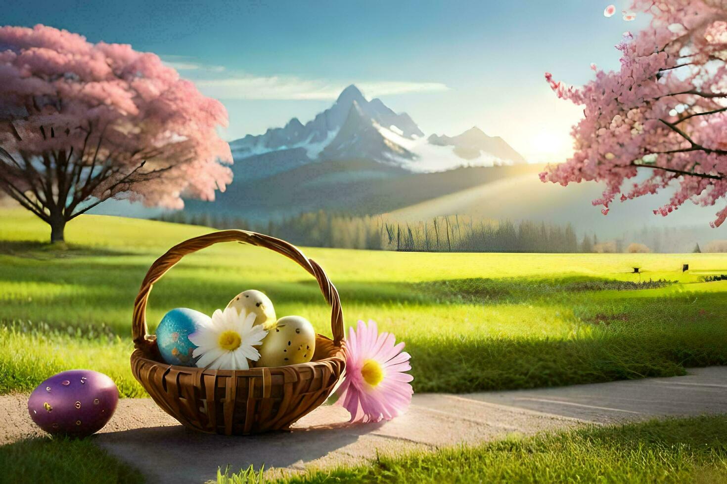 easter eggs in a basket on the grass. AI-Generated photo