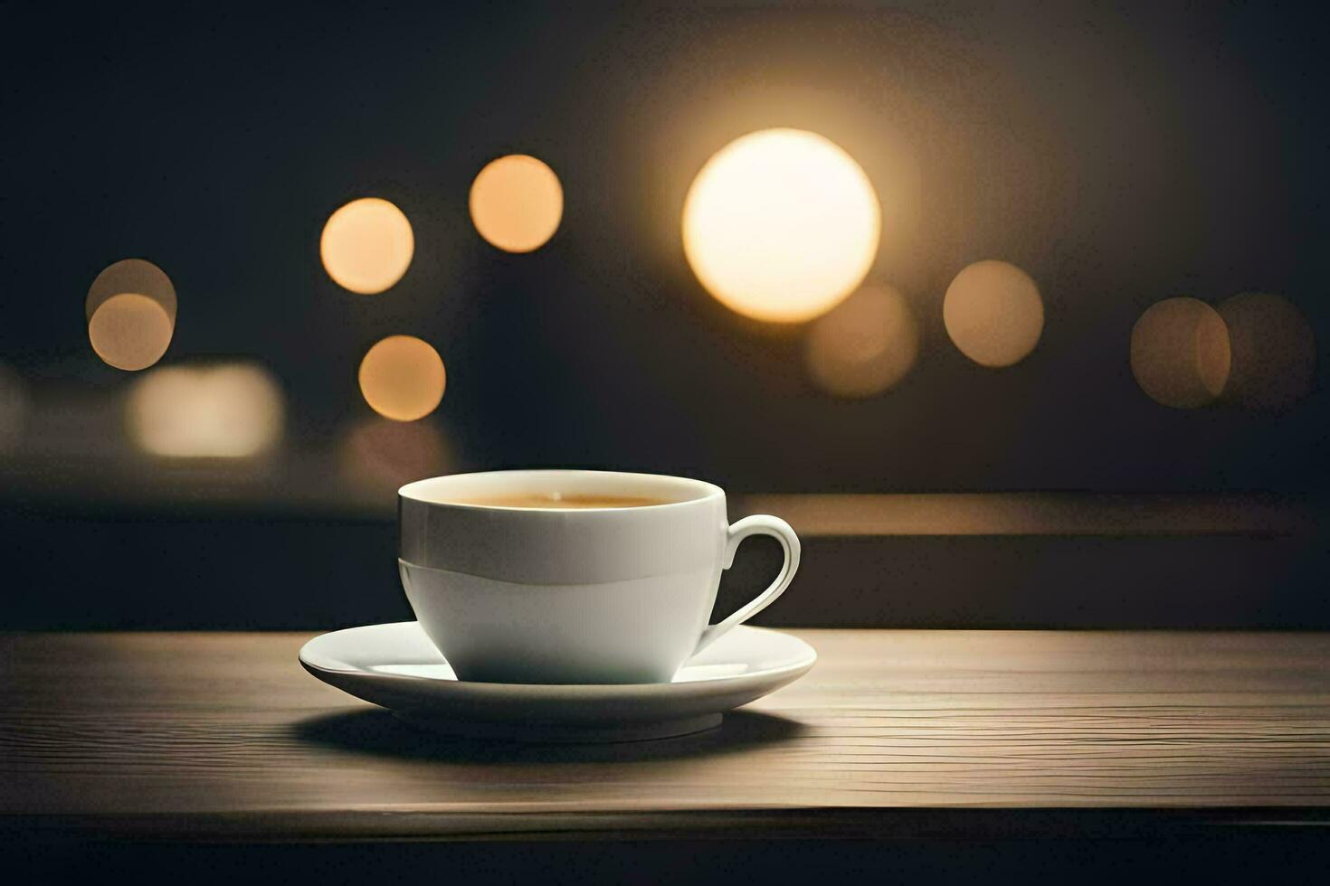 a cup of coffee on a table in front of a blurred background. AI-Generated photo