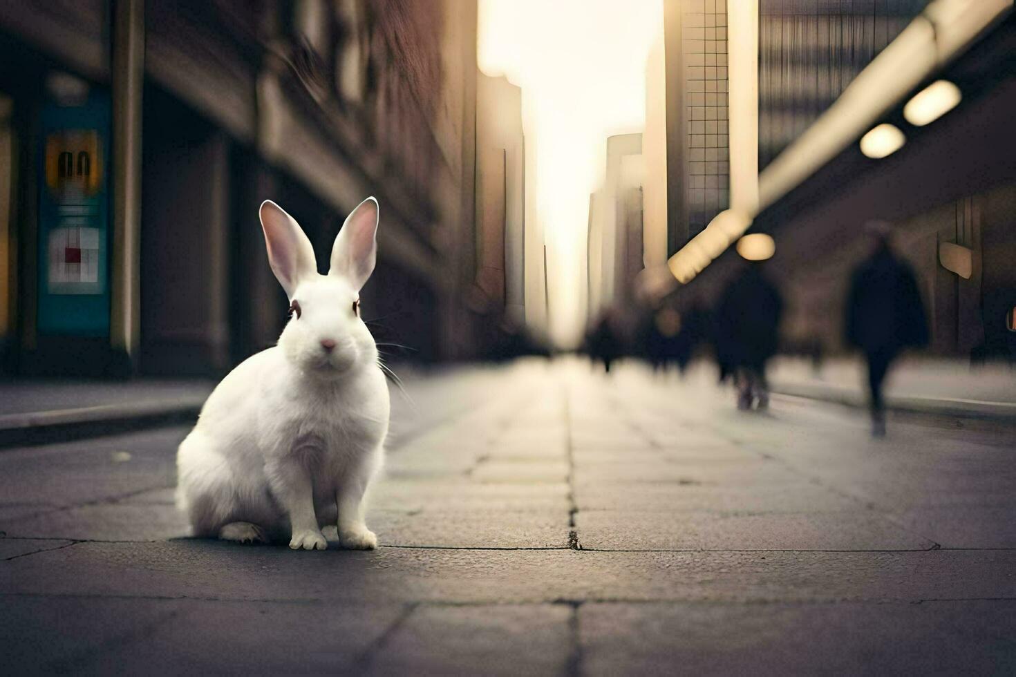 a white rabbit is sitting on the street in a city. AI-Generated photo