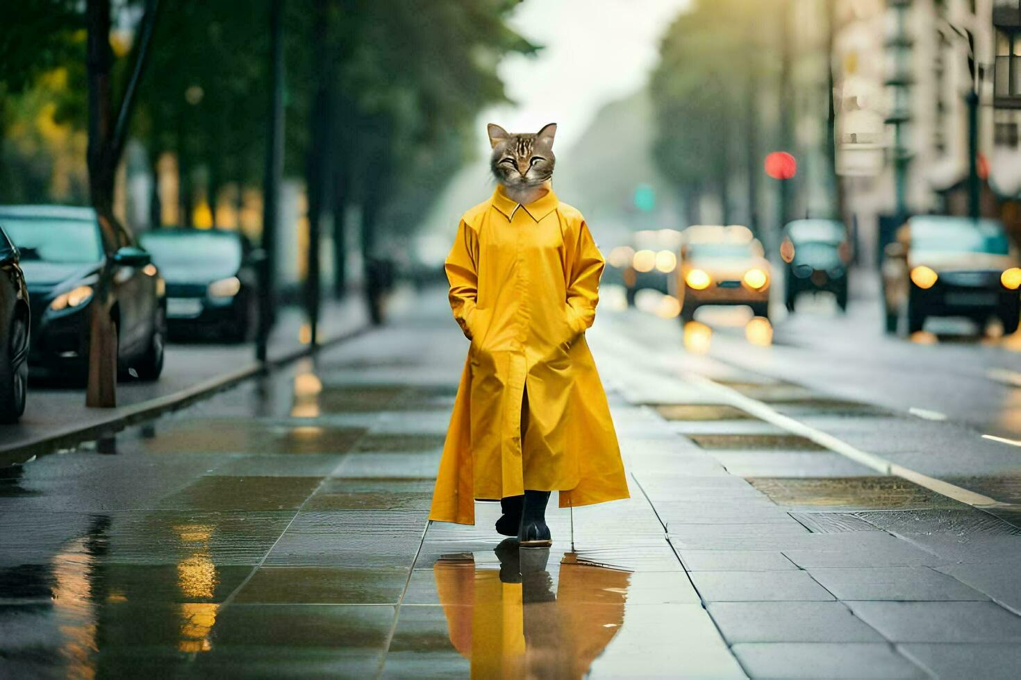 a fox in a yellow raincoat walking down a city street. AI-Generated photo