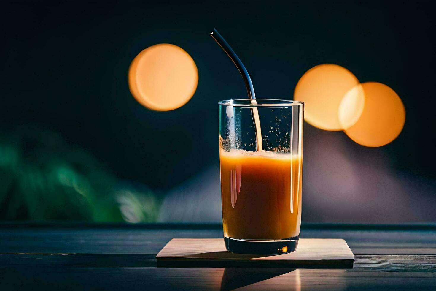 a glass of orange juice on a wooden table. AI-Generated photo