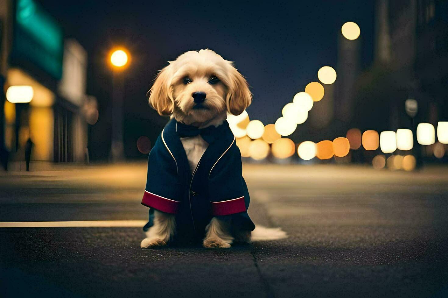 a dog wearing a jacket and tie sitting on the street at night. AI-Generated photo