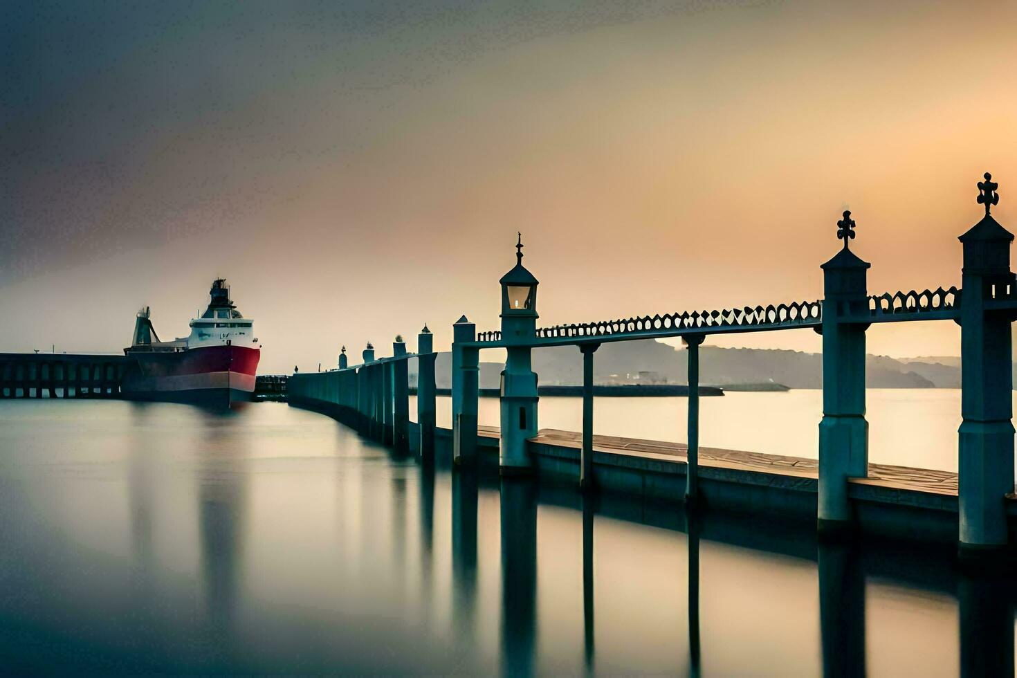 a boat is docked at a pier at sunset. AI-Generated photo
