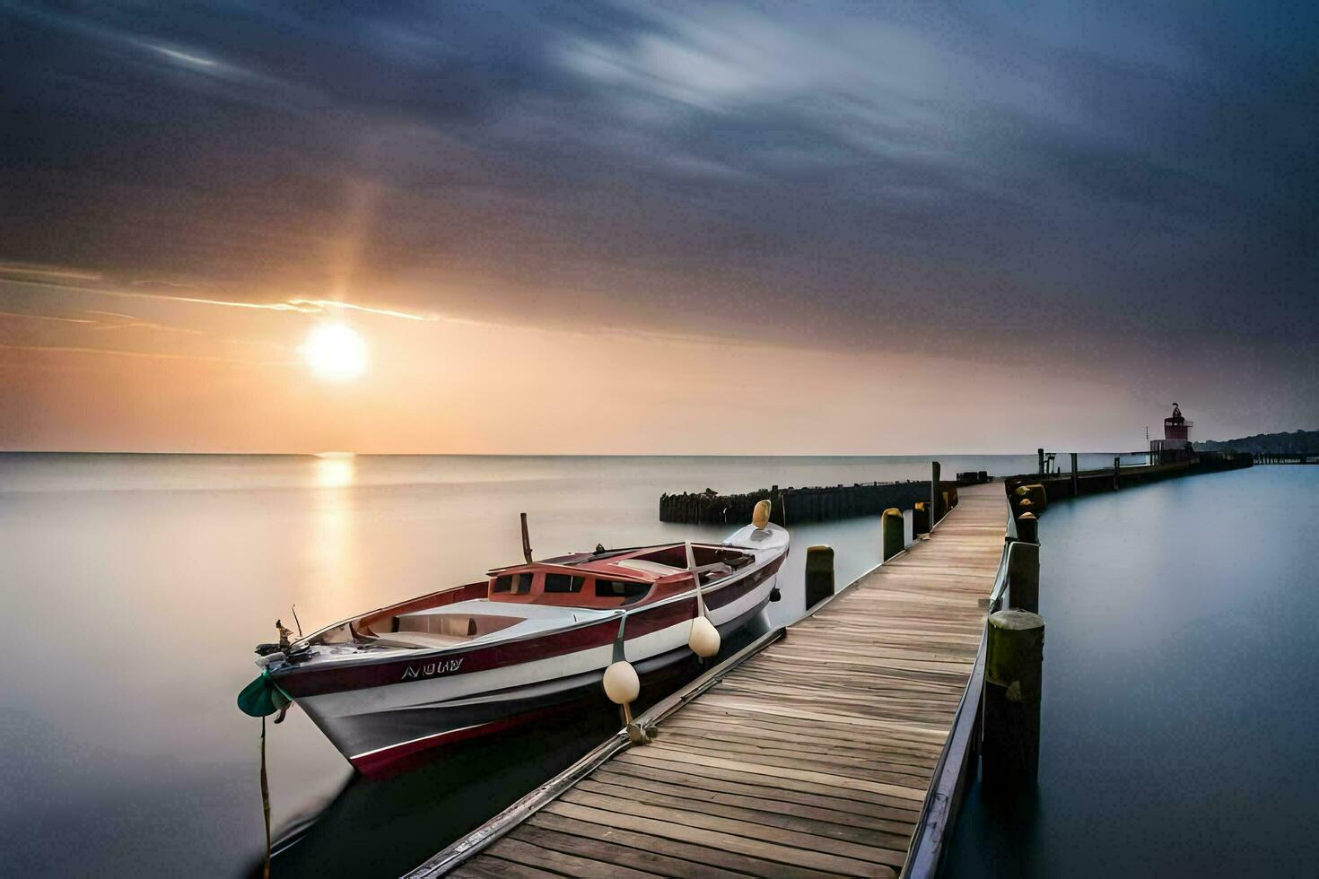 a boat docked at the end of a pier at sunset. AI-Generated photo