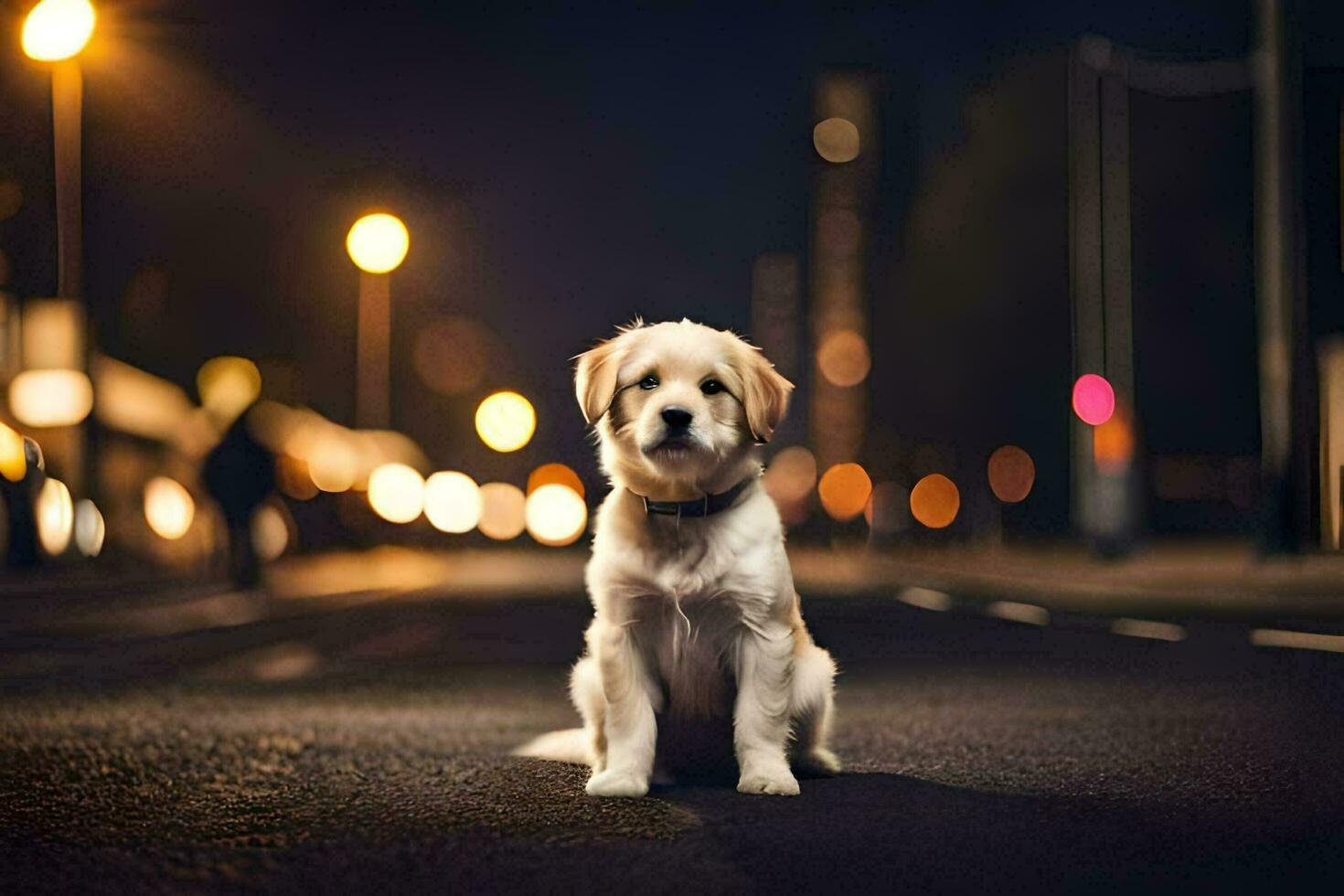 a dog sitting on the street at night. AI-Generated photo