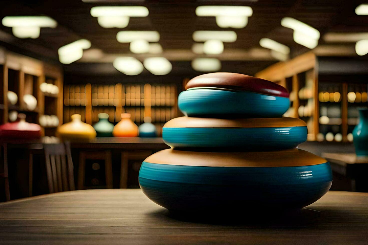 a stack of colorful ceramic bowls sitting on top of a wooden table. AI-Generated photo