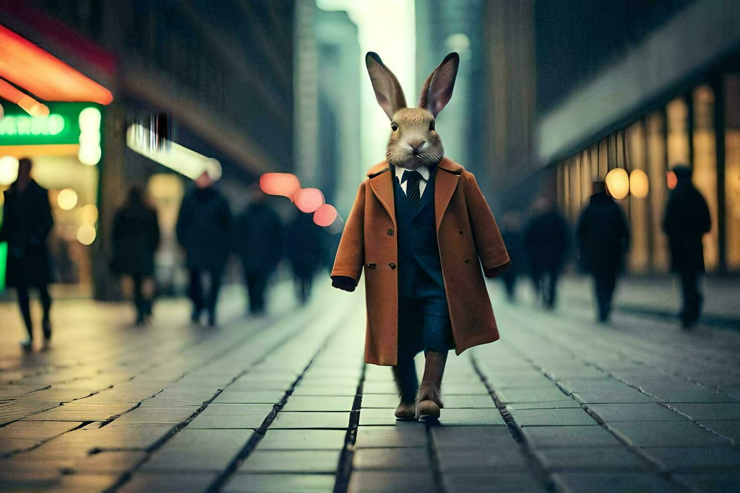 a rabbit wearing a suit and tie walking down a street. AI-Generated photo
