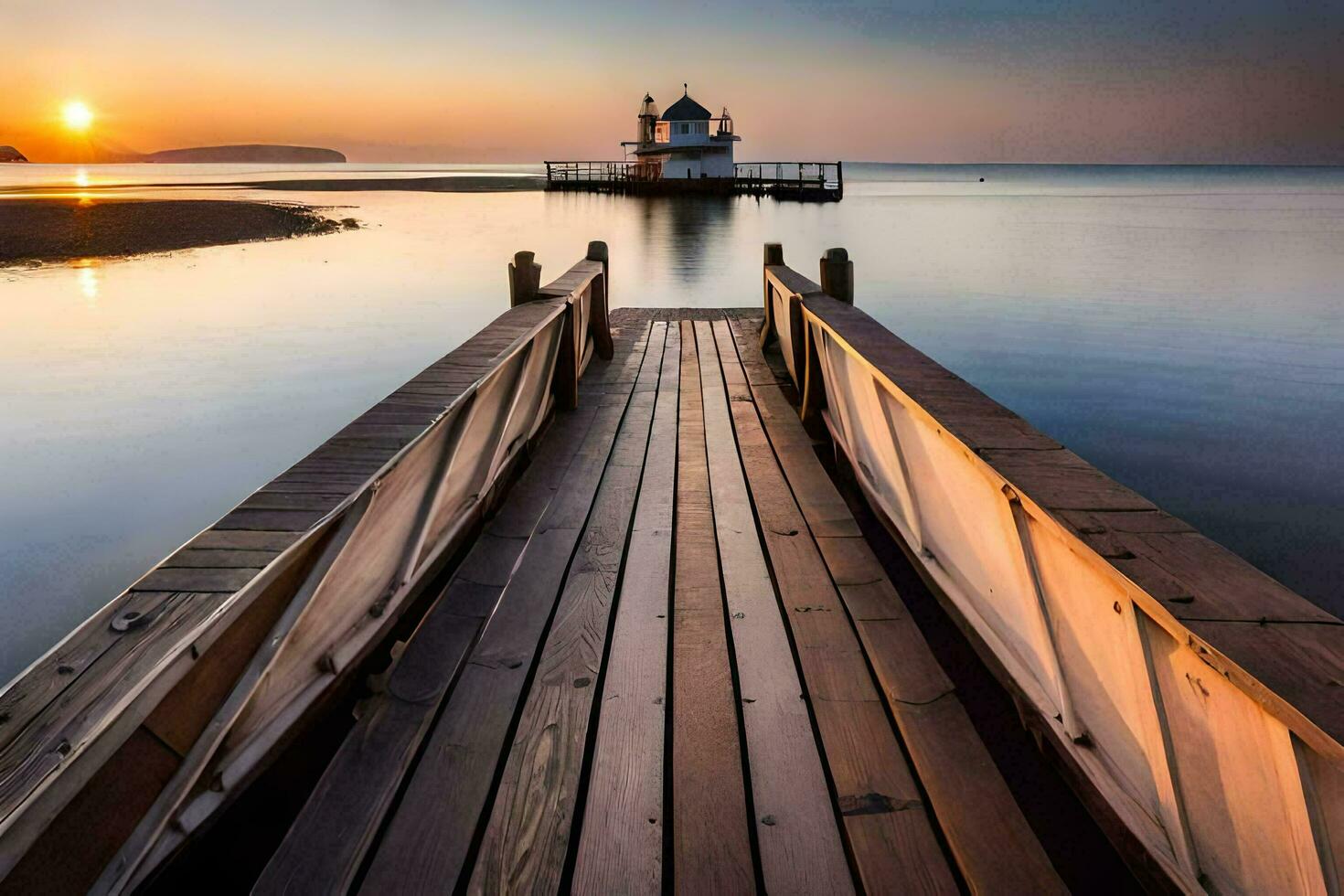 a wooden dock leads to a lighthouse at sunset. AI-Generated photo