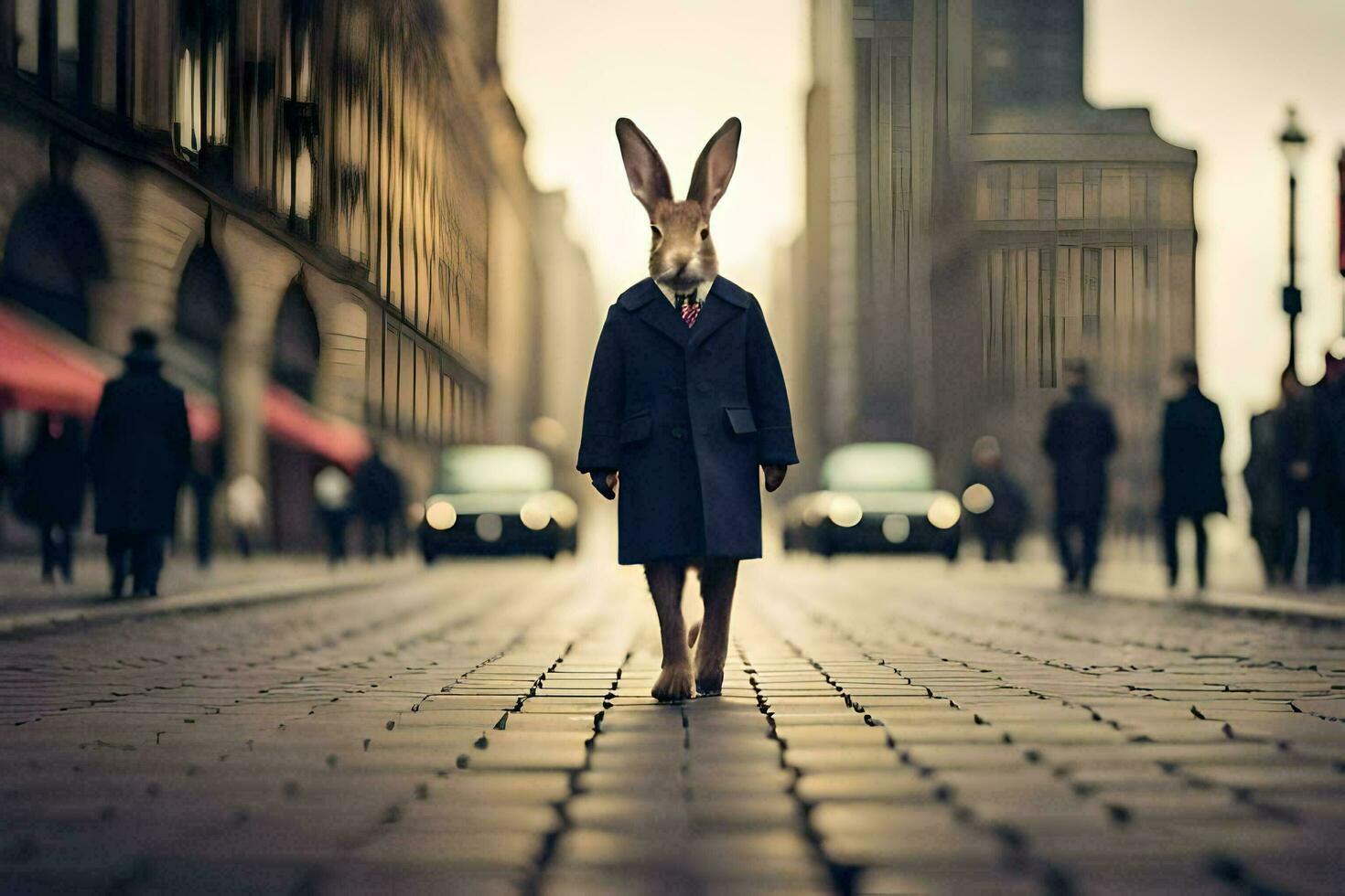 a rabbit wearing a suit and tie on a city street. AI-Generated photo