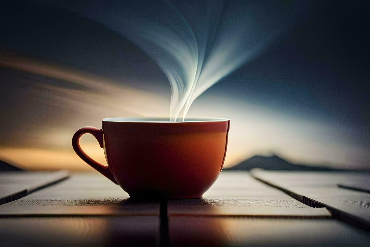 a cup of coffee on a table with smoke coming out of it. AI-Generated photo