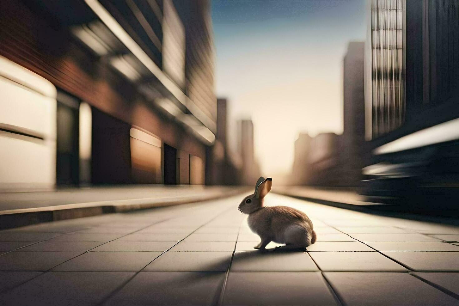 a rabbit is sitting on the ground in a city. AI-Generated photo