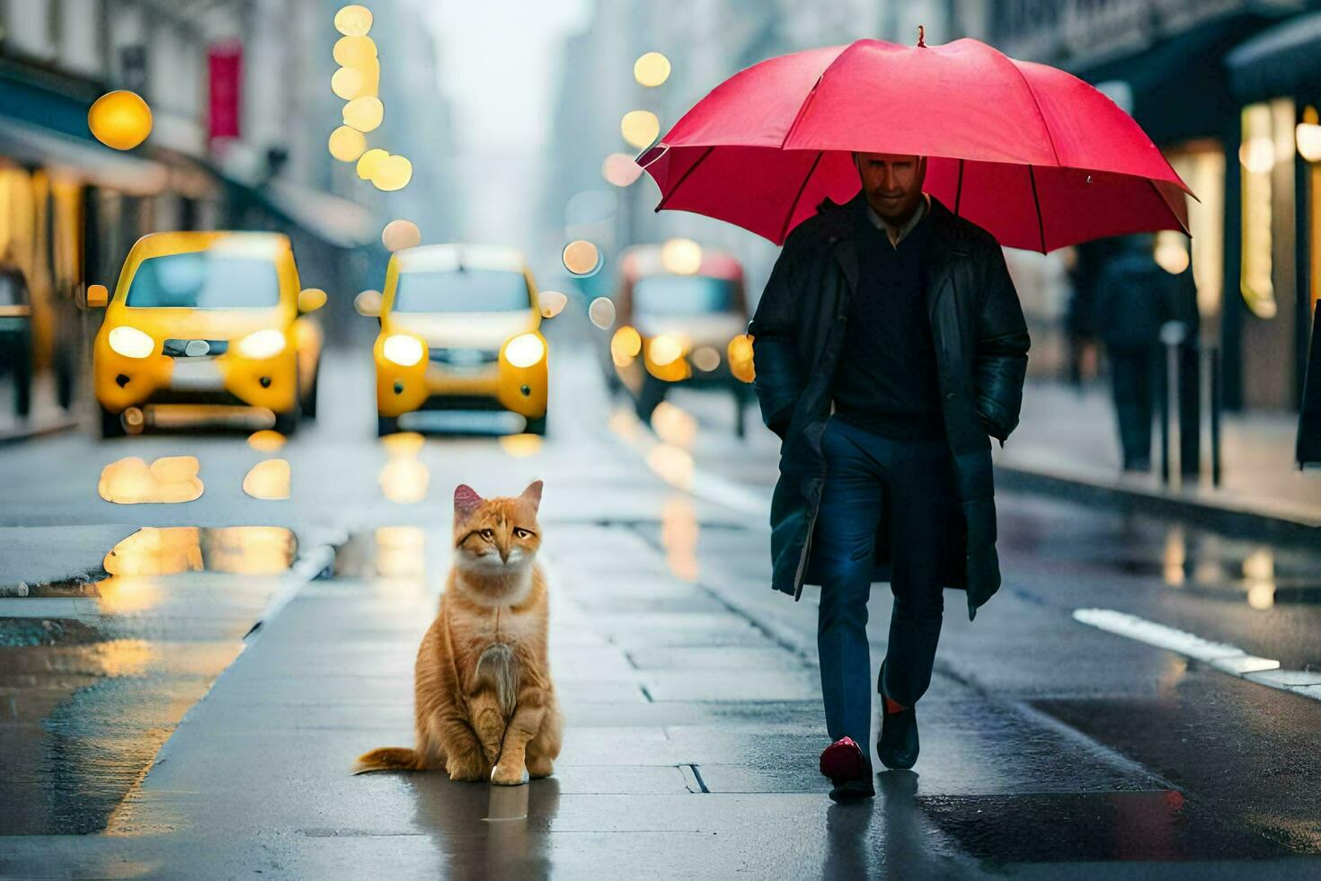 a man and cat walking on a rainy street. AI-Generated photo