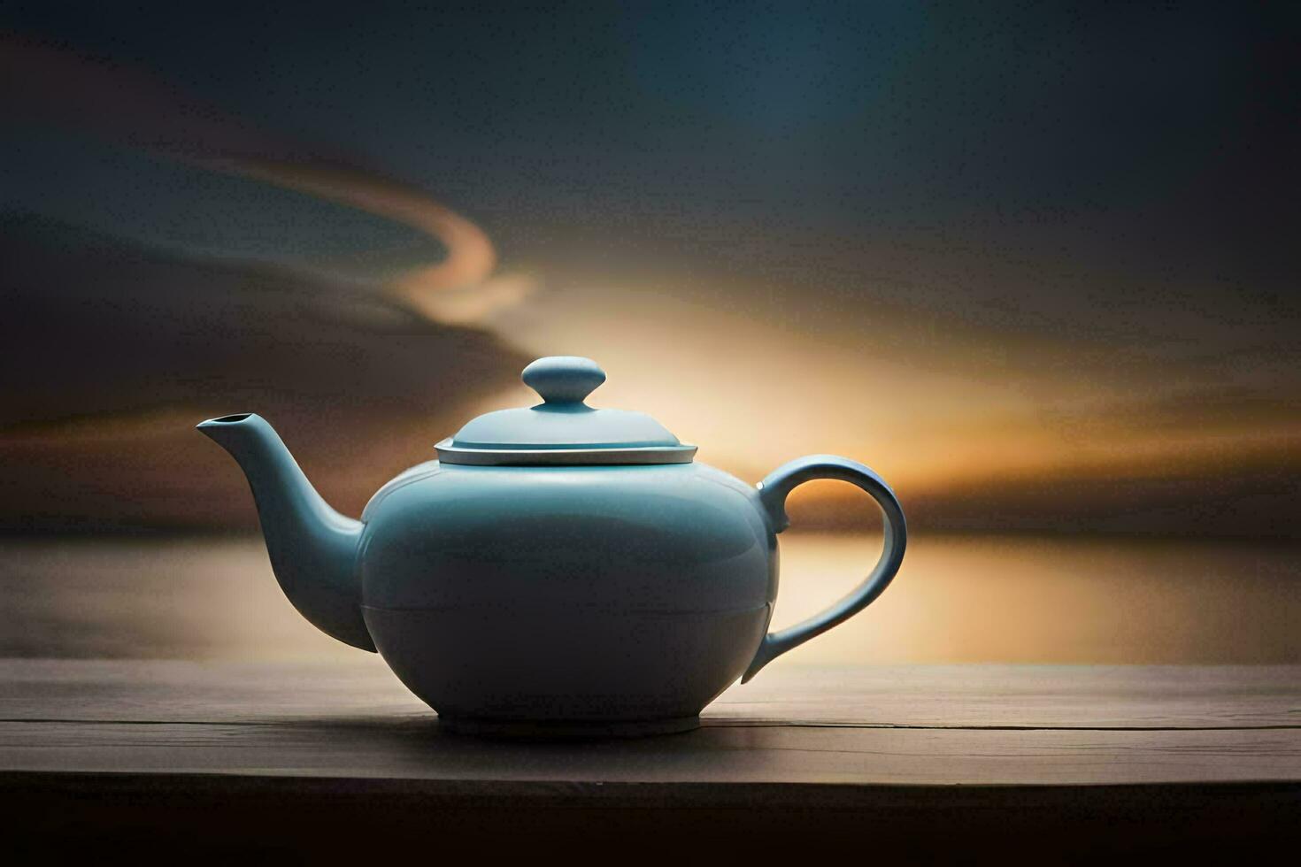 a teapot sits on a table in front of the ocean. AI-Generated photo