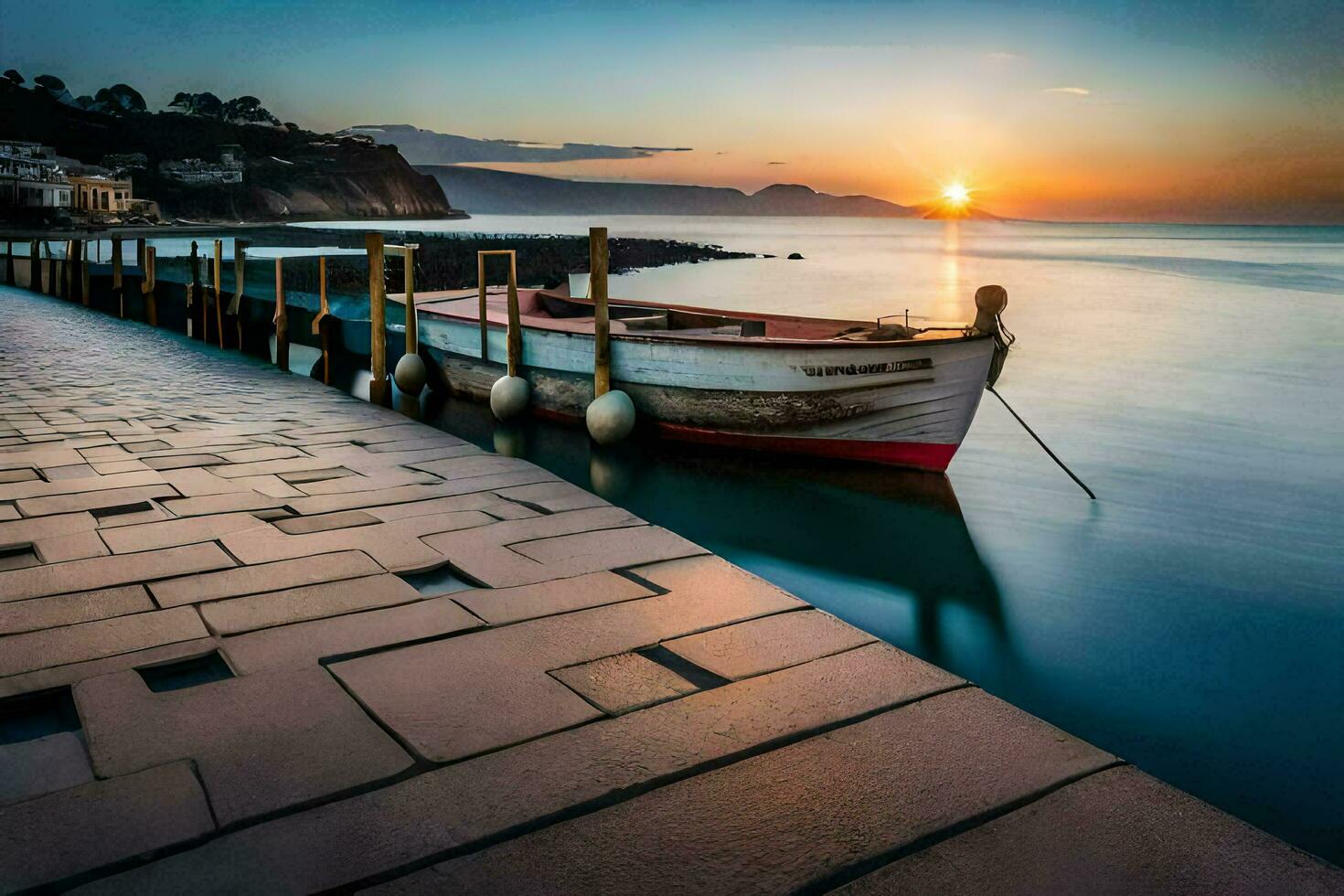 a boat sits on the dock at sunset. AI-Generated photo