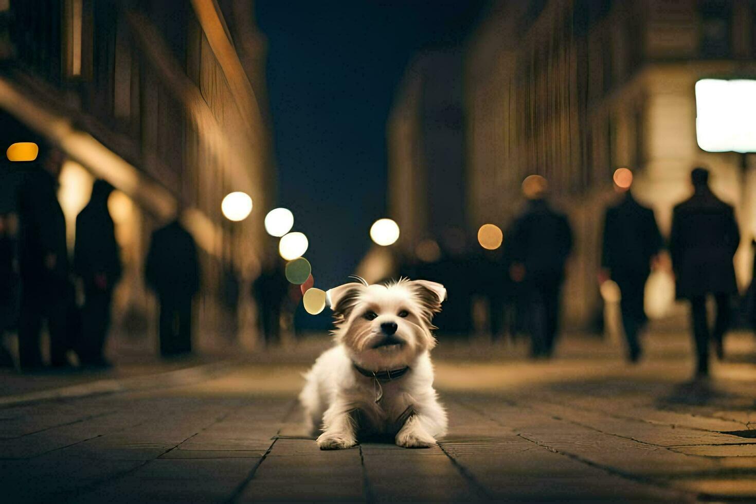 a small dog sitting on the ground in a city at night. AI-Generated photo