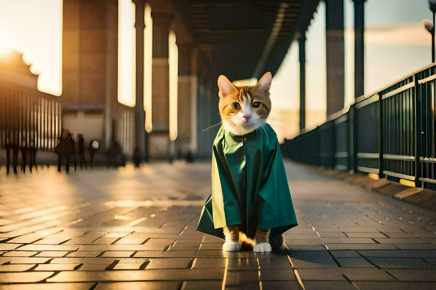 a cat wearing a green coat standing on a brick walkway. AI-Generated photo