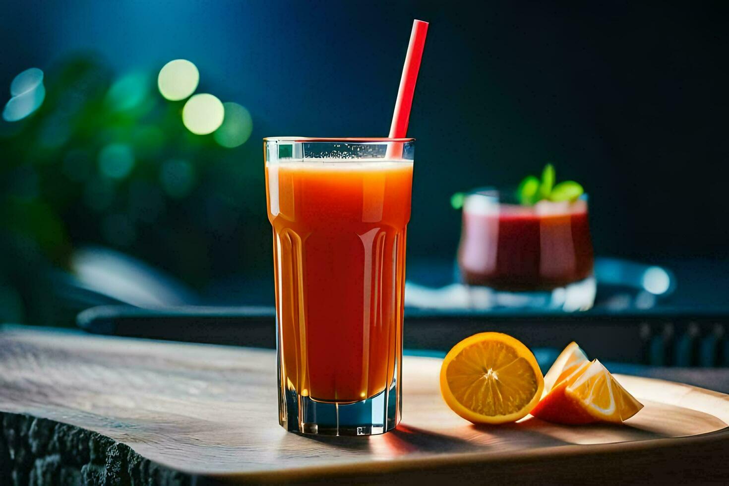 a glass of orange juice with a straw. AI-Generated photo