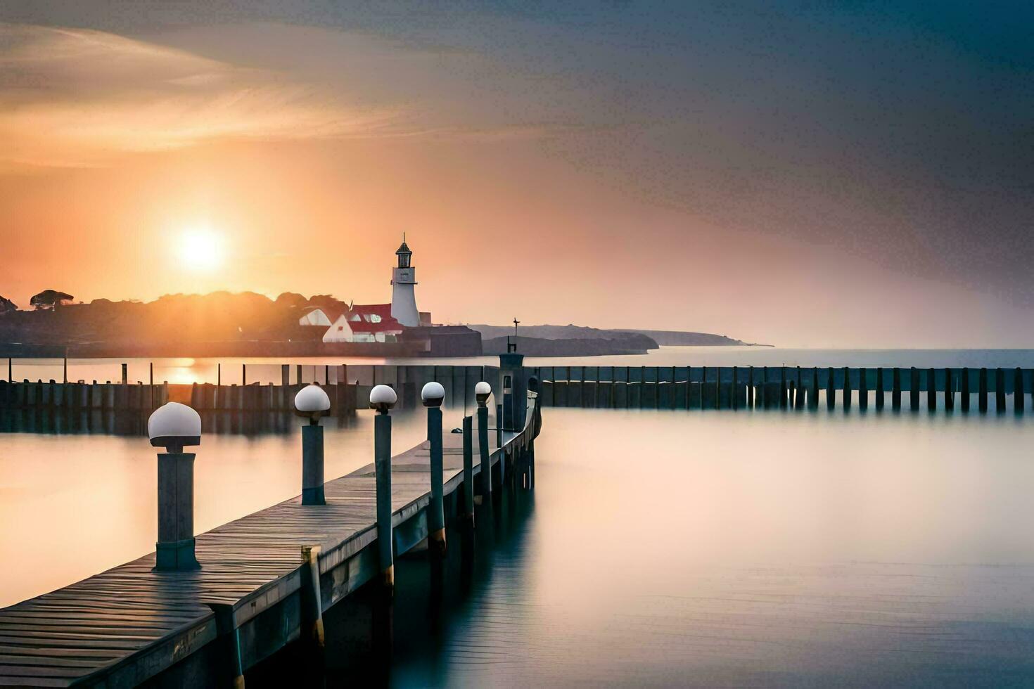 un muelle con un faro a puesta de sol. generado por ai foto