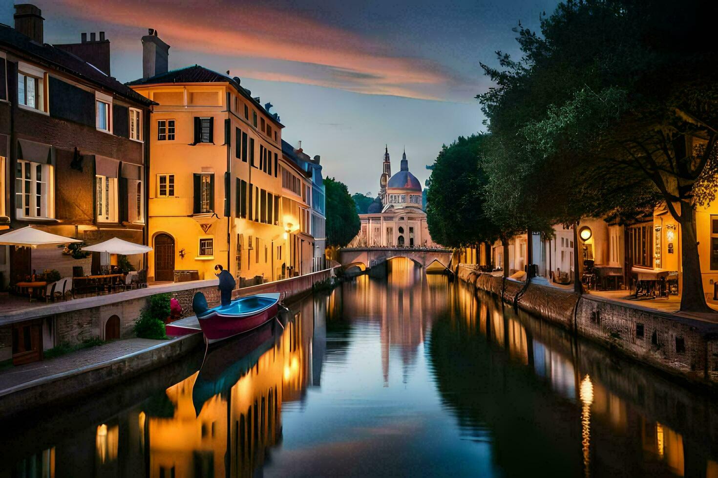 a canal in the middle of a city at night. AI-Generated photo