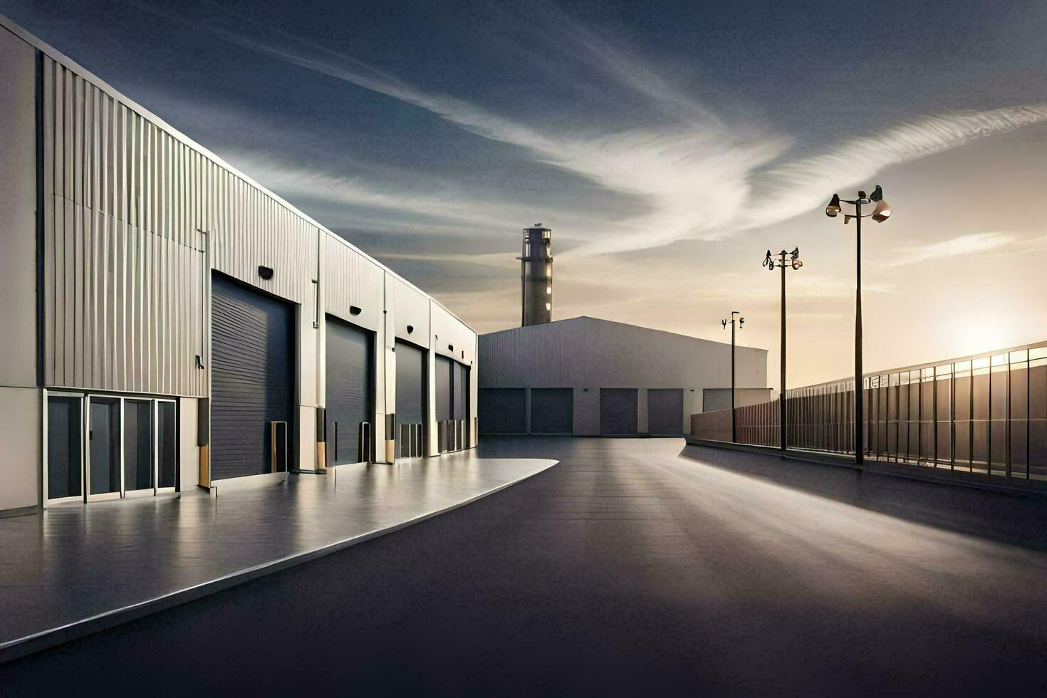 un vacío industrial edificio con un puesta de sol en el antecedentes. generado por ai foto