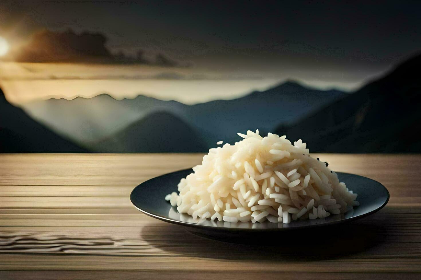 a bowl of rice on a table with mountains in the background. AI-Generated photo