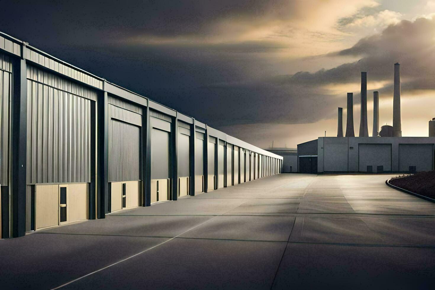 a row of industrial buildings with a sun setting behind them. AI-Generated photo