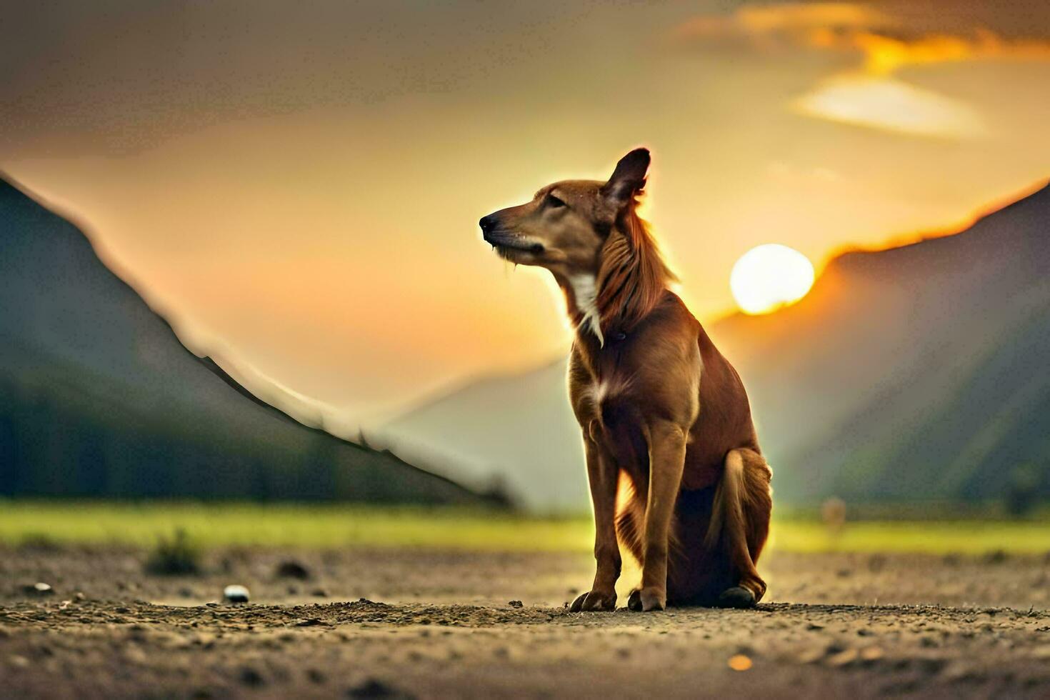 a dog sitting in the middle of a field at sunset. AI-Generated photo