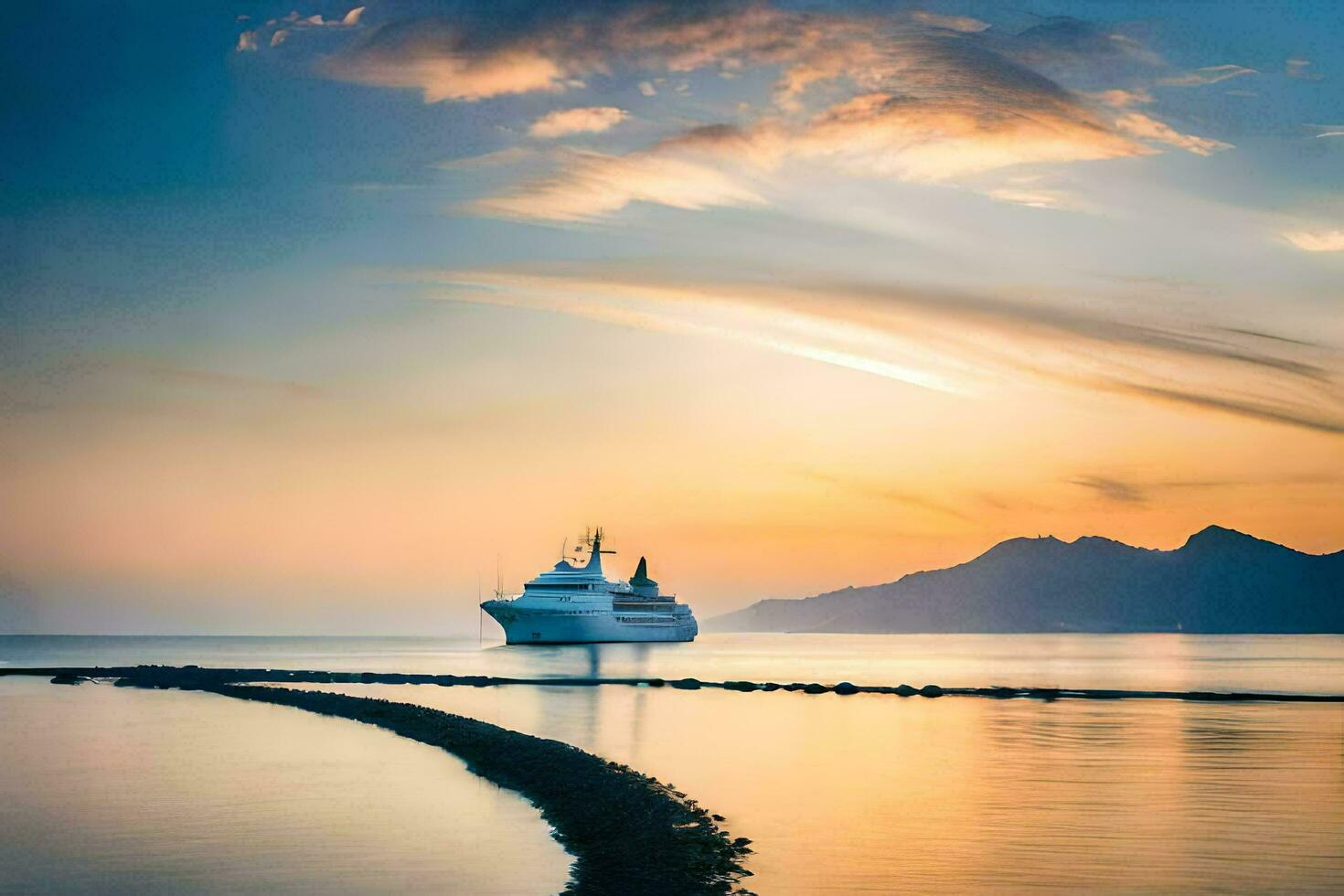 a cruise ship in the ocean at sunset. AI-Generated photo