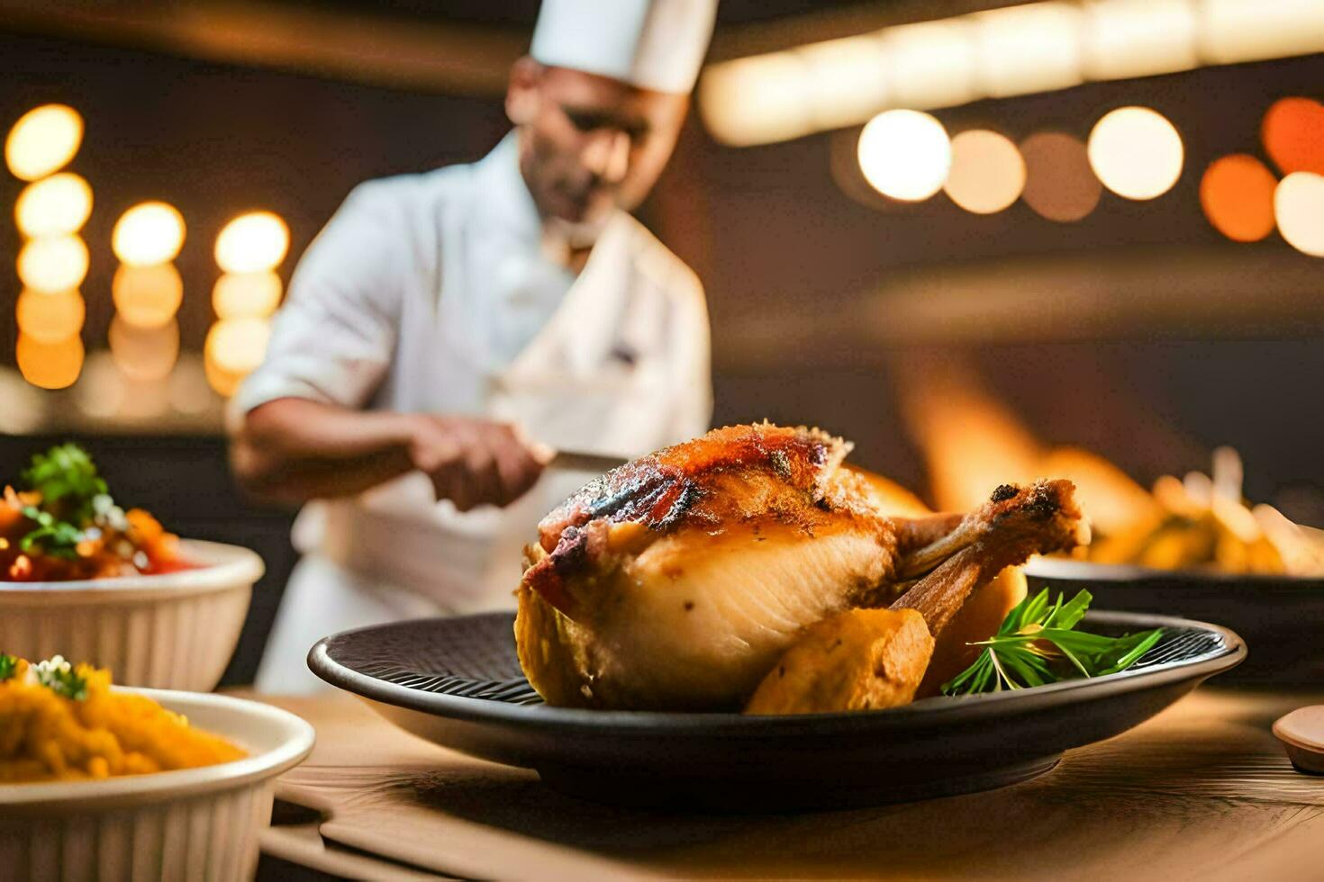 a chef preparing a roast chicken in a restaurant. AI-Generated photo