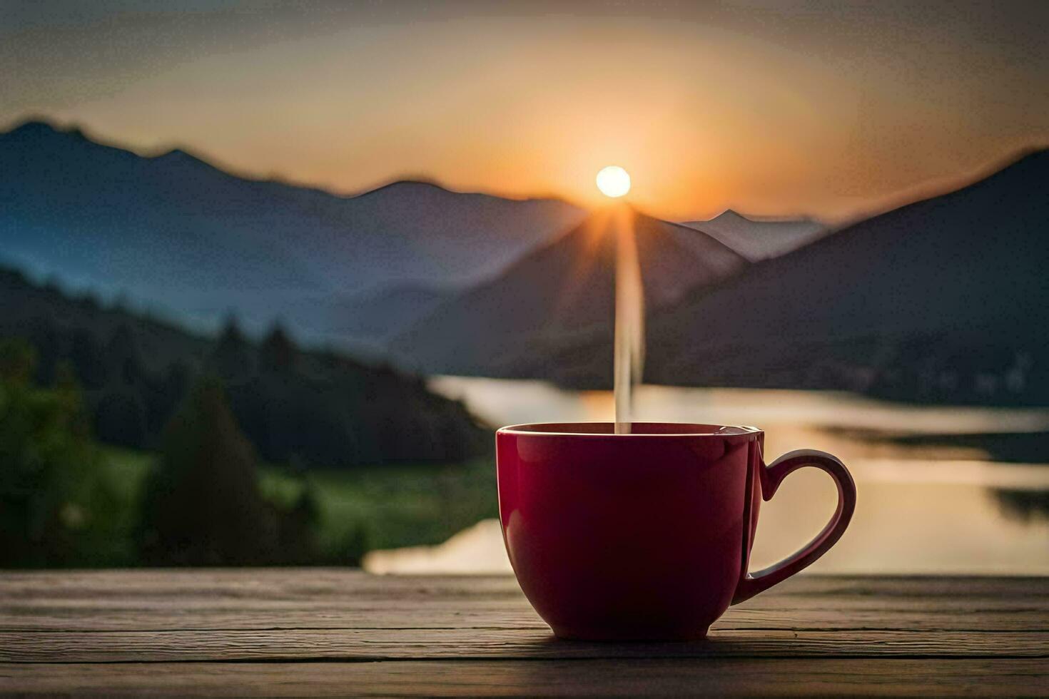 a cup of coffee on a wooden table in front of a lake and mountains. AI-Generated photo