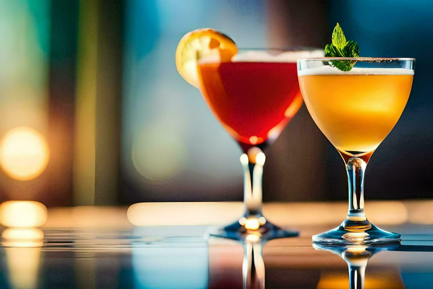 two cocktails sit on a table with a bright light behind them. AI-Generated photo