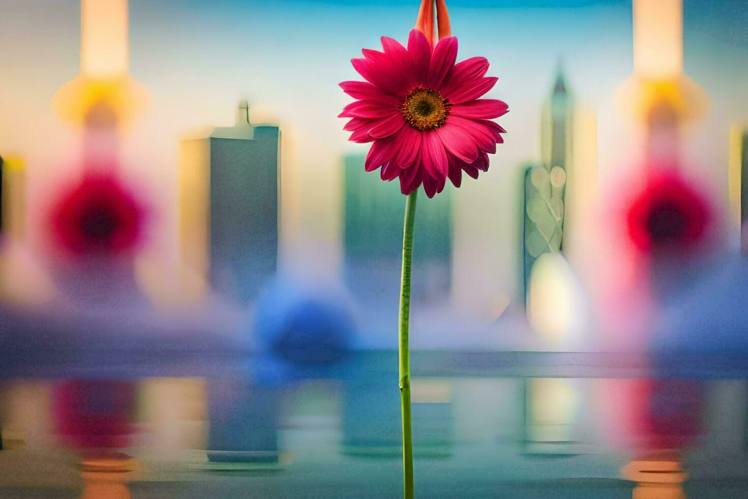 a pink flower is standing in front of a city skyline. AI-Generated photo