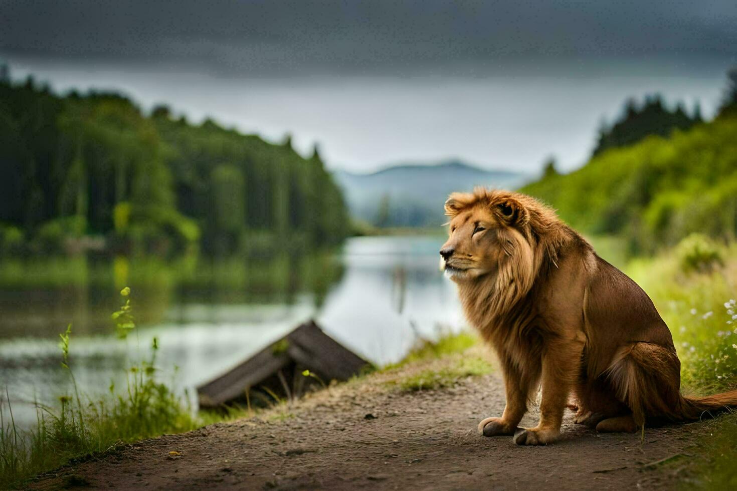 a lion sitting on the side of a road near a river. AI-Generated photo