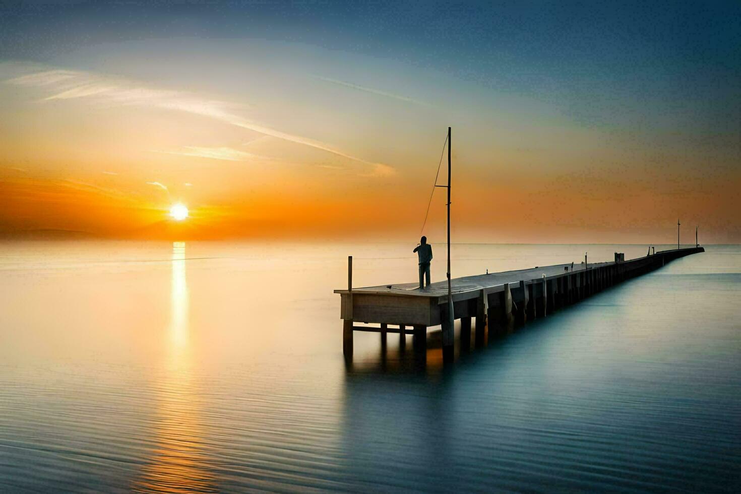 a man stands on a pier at sunset. AI-Generated photo