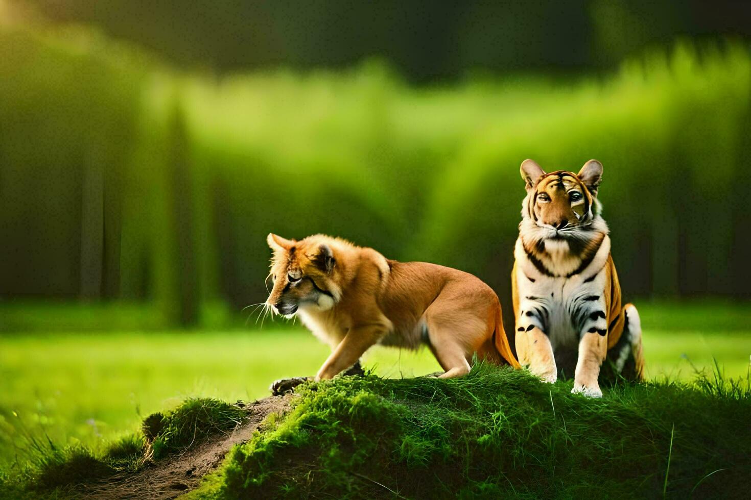 dos tigres en pie en un herboso colina. generado por ai foto