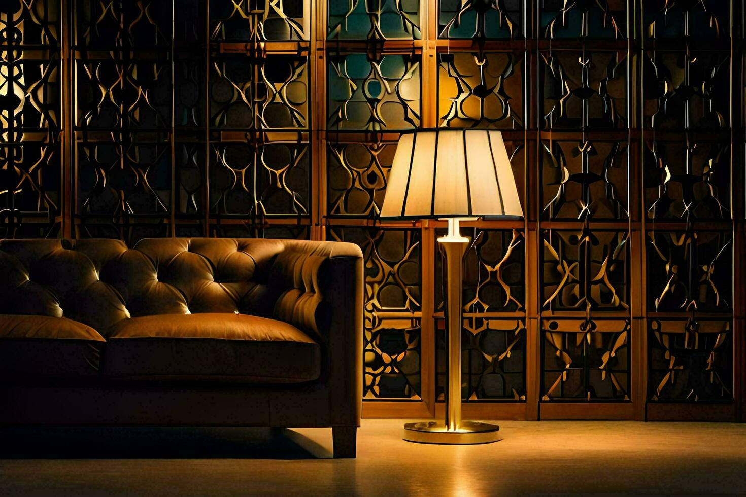 a leather couch and lamp in front of a wall. AI-Generated photo