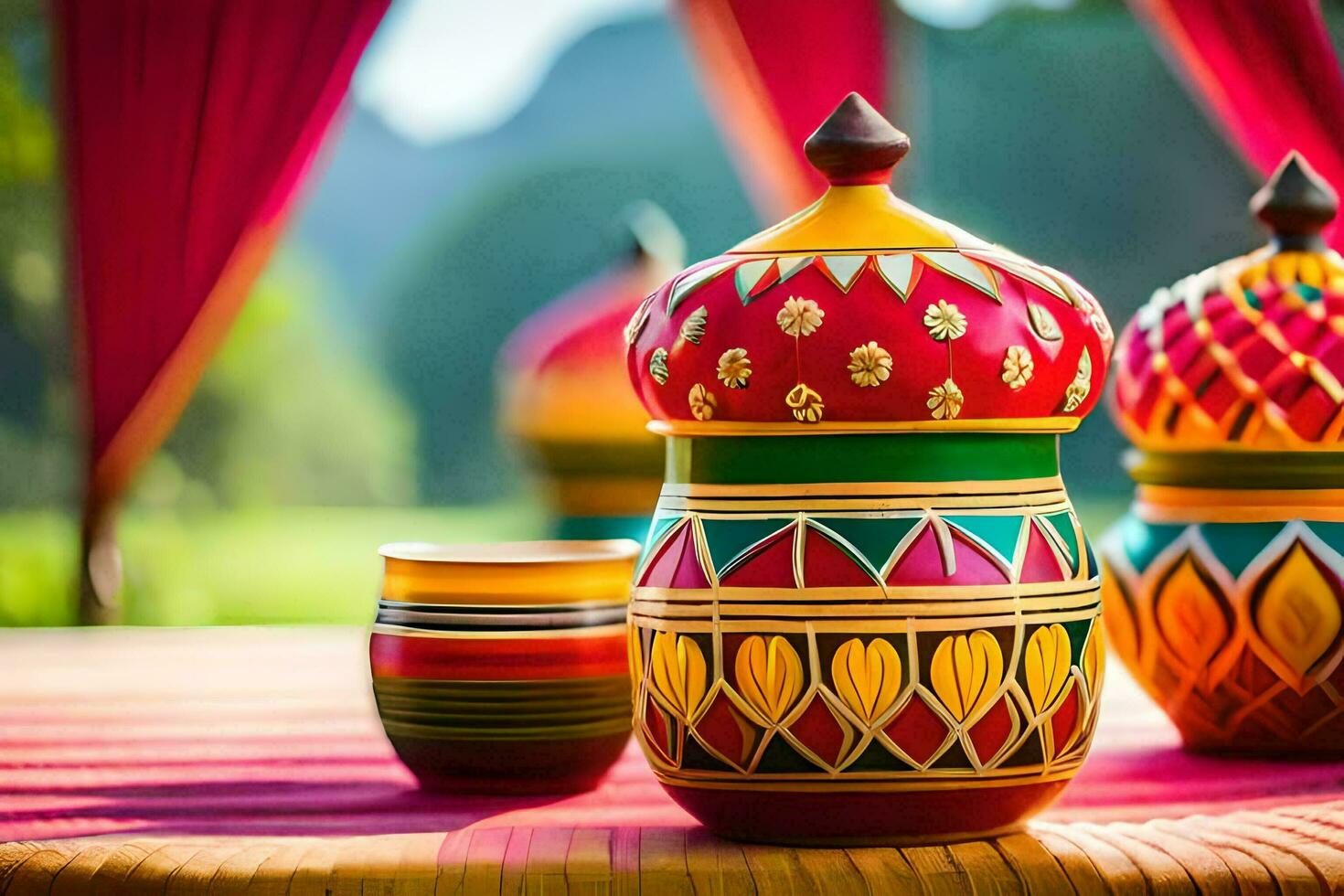 colorful vases on a table with a red cloth. AI-Generated photo
