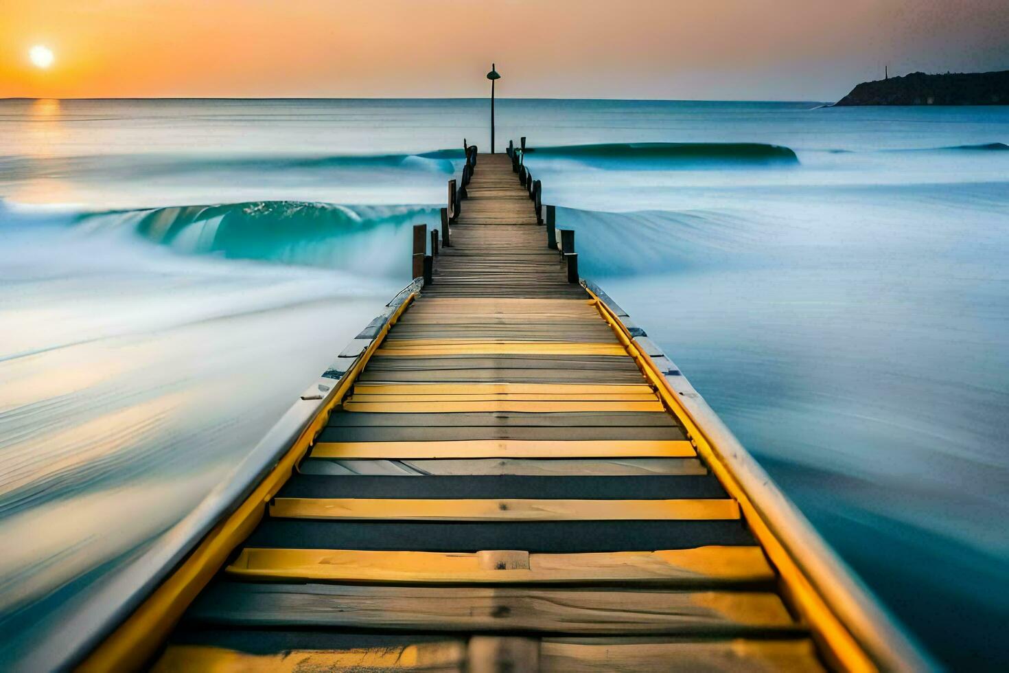 a long exposure photo of a pier in the ocean. AI-Generated
