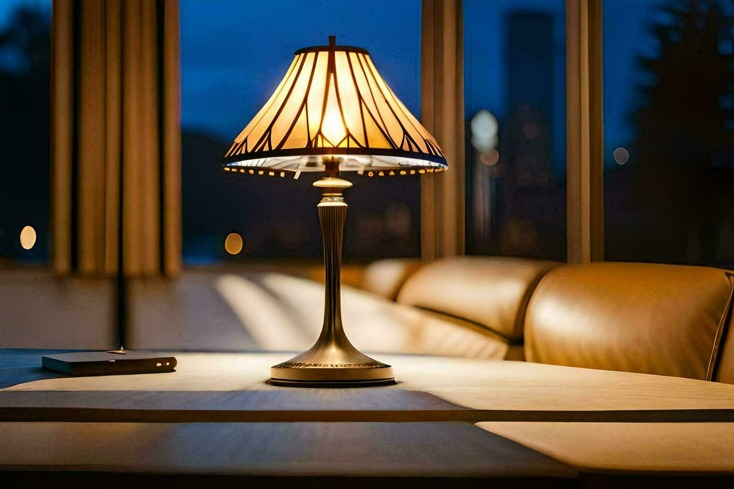 a lamp on a table in front of a window. AI-Generated photo