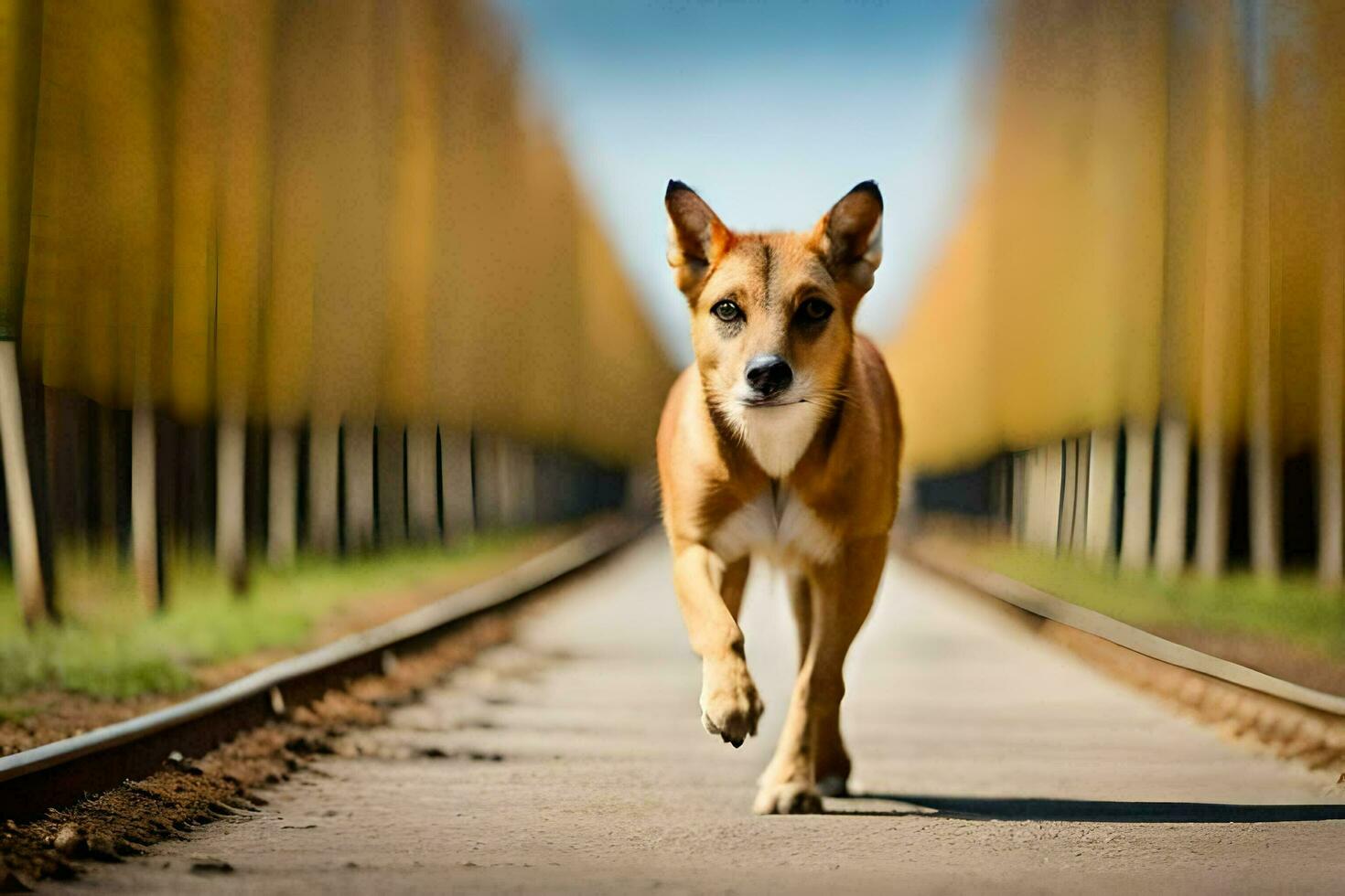 a dog walking on a train track. AI-Generated photo