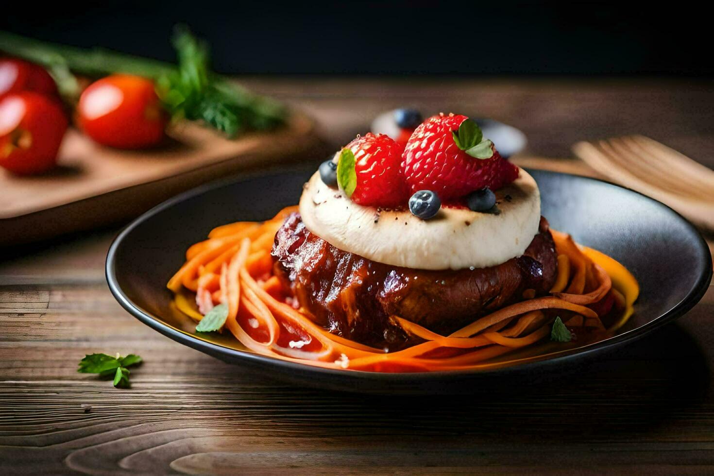 the food is served on a plate with a fork and a knife. AI-Generated photo