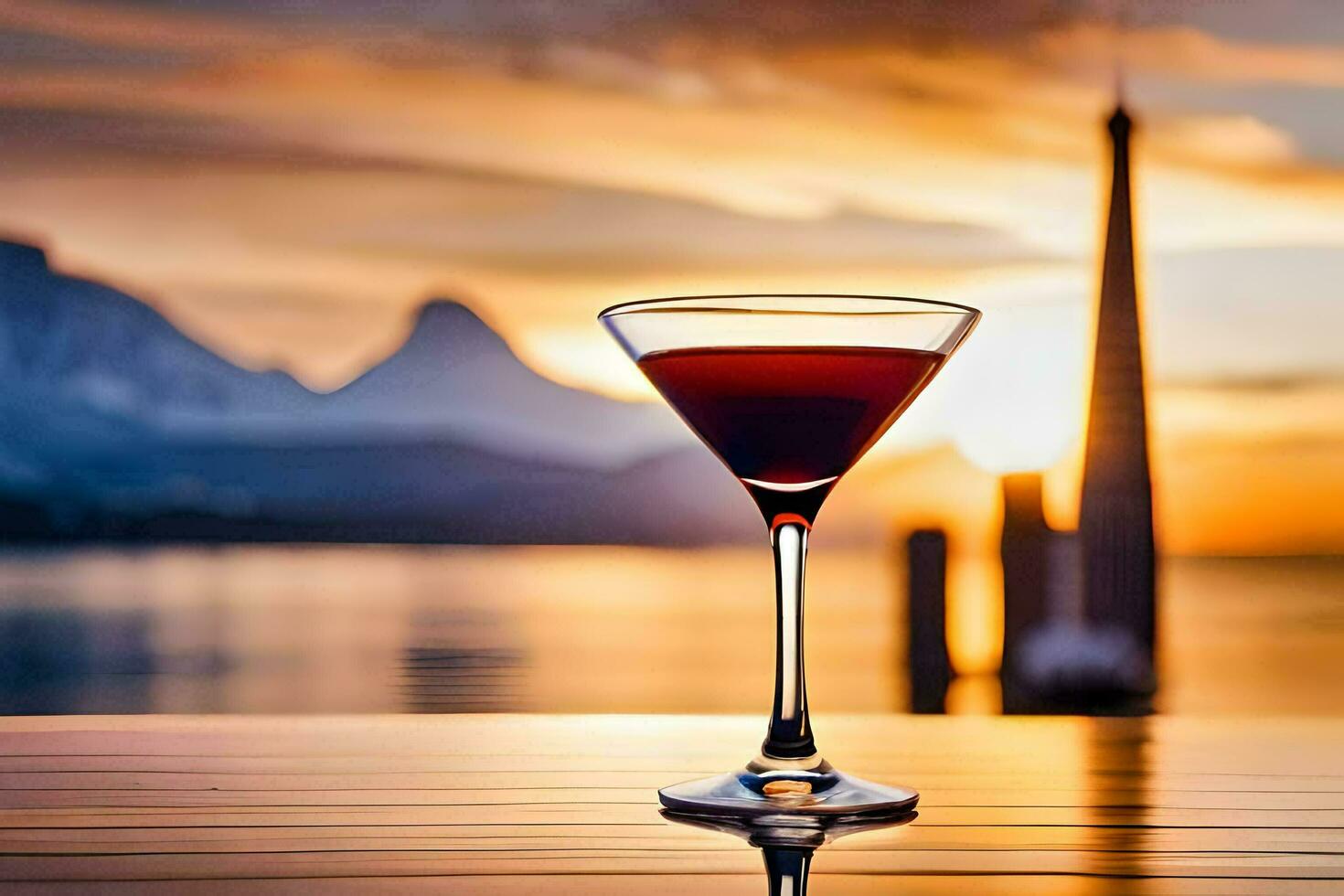 a martini glass with a sunset in the background. AI-Generated photo